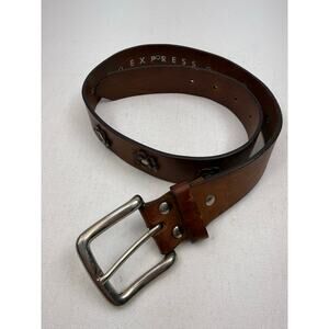 Vintage Y2K Express Brown Leather Belt Silver Tone Buckle Floral Sz Small 32”